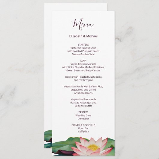 Waterverf Lotus Bruiloft Menu Kaart (Voorkant / Achterkant)