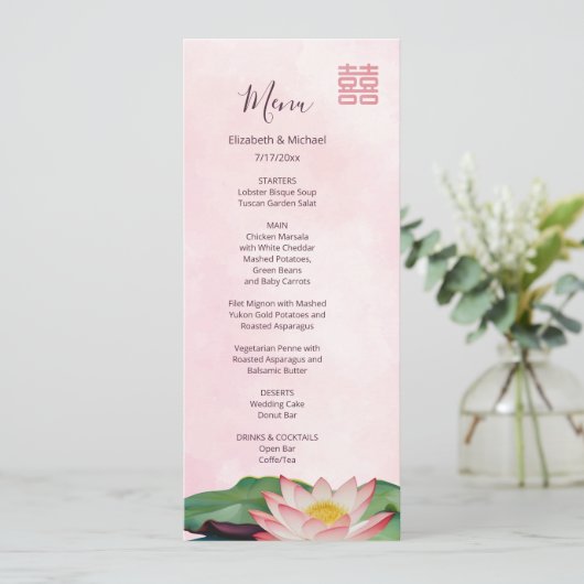 Waterverf Lotus Chinees Bruiloft Menu Kaart (Staand voorkant)