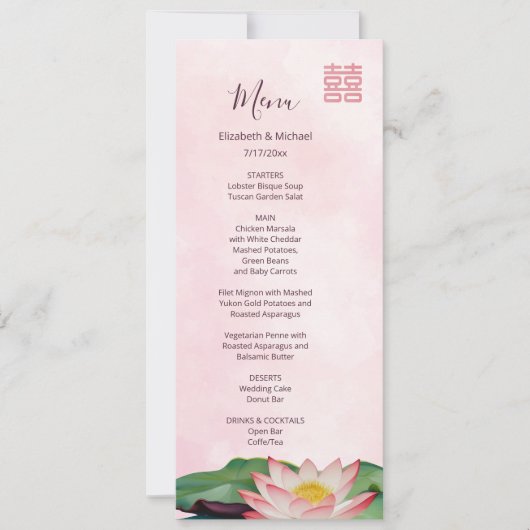 Waterverf Lotus Chinees Bruiloft Menu Kaart (Voorkant)