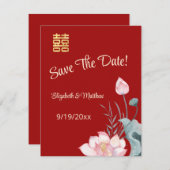 Waterverf Lotus Chinees Huwelijk Sla de datum op Informatiekaartje (Voorkant / Achterkant)