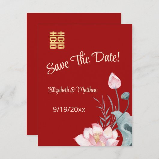 Waterverf Lotus Chinees Huwelijk Sla de datum op Informatiekaartje (Voorkant / Achterkant)
