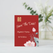 Waterverf Lotus Chinees Huwelijk Sla de datum op Informatiekaartje (Staand voorkant)