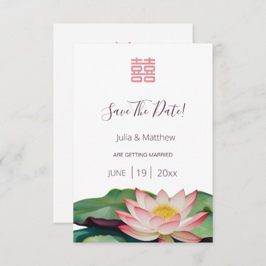 Waterverf Lotus Chinees Huwelijk Sla de datum op Informatiekaartje (Voorkant / Achterkant)