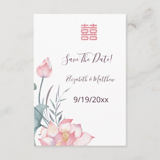 Waterverf Lotus Chinees Huwelijk Sla de datum op Informatiekaartje (Voorkant)