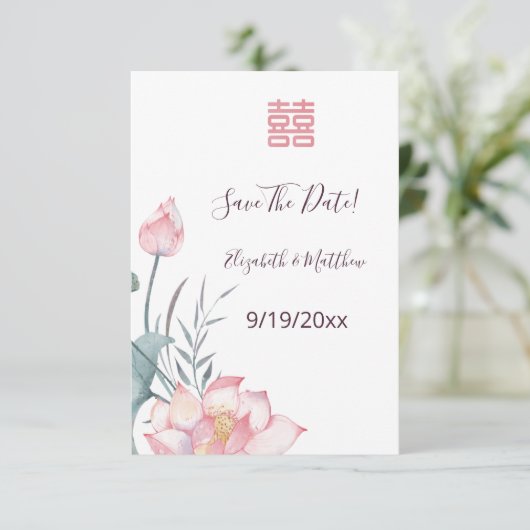 Waterverf Lotus Chinees Huwelijk Sla de datum op Informatiekaartje (Staand voorkant)