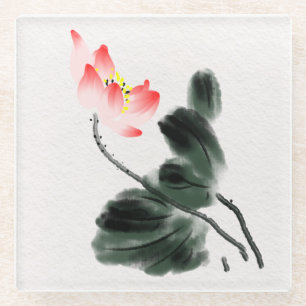 Waterverf Lotus Floral Chinoiserie Ink Wash Art Glazen Onderzetter