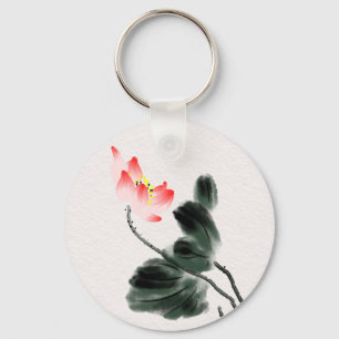 Waterverf Lotus Floral Chinoiserie Ink Wash Art Sleutelhanger