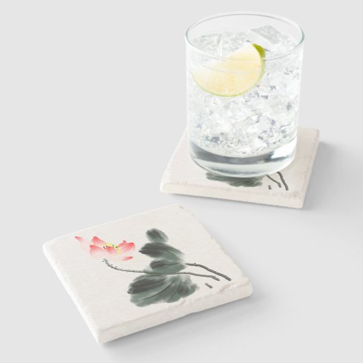 Waterverf Lotus Floral Chinoiserie Ink Wash Art Stenen Onderzetter (Zijkant)