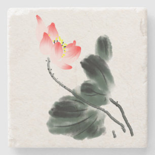 Waterverf Lotus Floral Chinoiserie Ink Wash Art Stenen Onderzetter