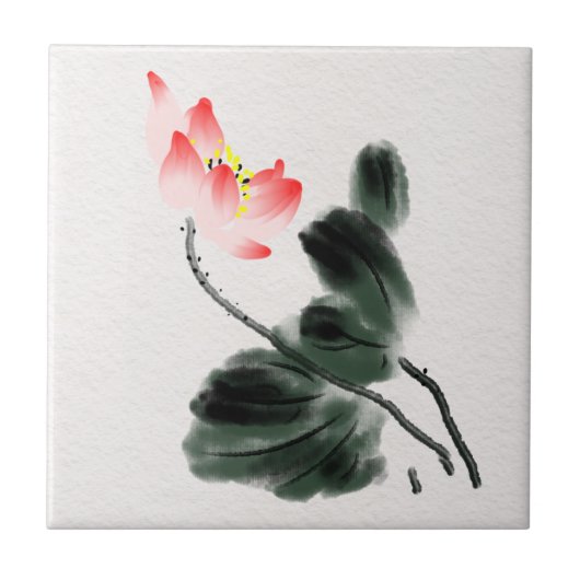 Waterverf Lotus Floral Chinoiserie Ink Wash Art Tegeltje (Voorkant)