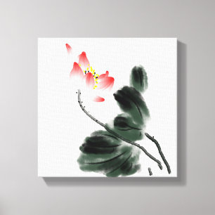 Waterverf Lotus Floral Chinoiserie Ink Wash Paint Canvas Afdruk