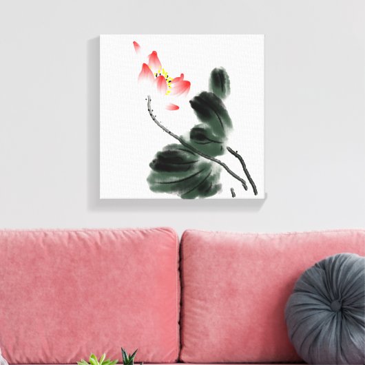 Waterverf Lotus Floral Chinoiserie Ink Wash Paint Canvas Afdruk (Insitu (Woonkamer))