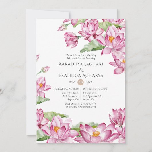 Waterverf Lotus Flower Indian Rehearsal Dinner Kaart (Voorkant)