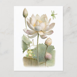 Waterverf Lotus Flowers, Kikker en Dragonfly Briefkaart