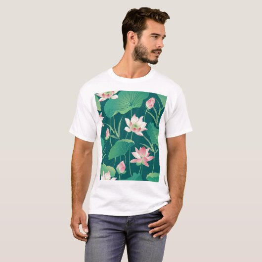 Waterverf lotus:  naadloze bloemetjes. t-shirt (Voorkant volledig)
