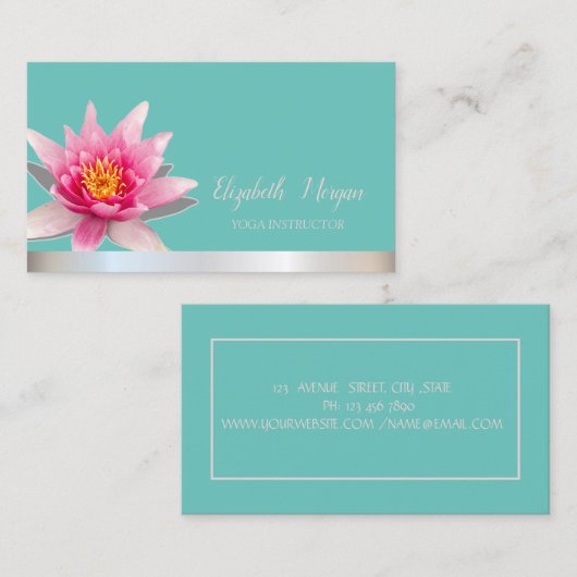 Waterverf Lotus Zilveren Streep Blauwgroen Yoga Visitekaartje (Voorkant / Achterkant)