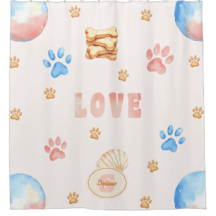 Waterverf "LOVE" Design met Dog Paw Prints Douchegordijn