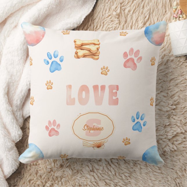Waterverf "LOVE" Design met Dog Paw Prints Kussen (Deken)