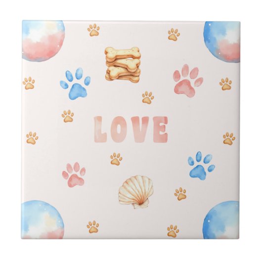 Waterverf "LOVE" Design met Dog Paw Prints Tegeltje (Voorkant)