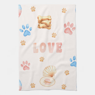 Waterverf "LOVE" Design met Dog Paw Prints Theedoek