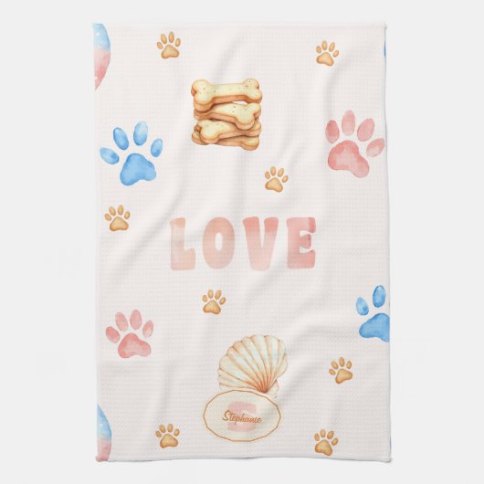 Waterverf "LOVE" Design met Dog Paw Prints Theedoek (Verticaal)