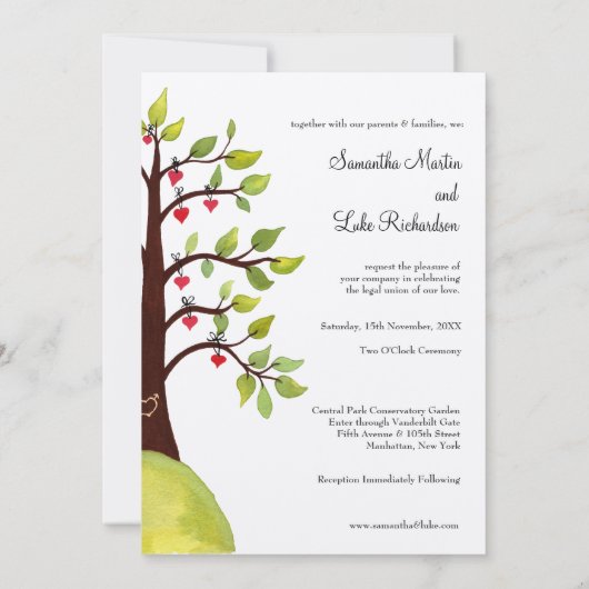 Waterverf Love Heart Tree Carving Wedding Invite Kaart (Achterkant)