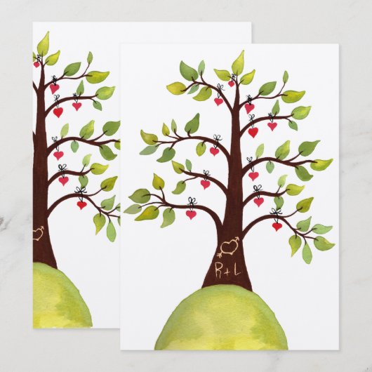 Waterverf Love Heart Tree Carving Wedding Invite Kaart (Voorkant / Achterkant)