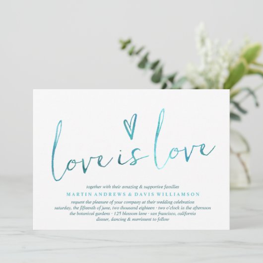 Waterverf Love is Love Gay Wedding Invitting Kaart (Staand voorkant)