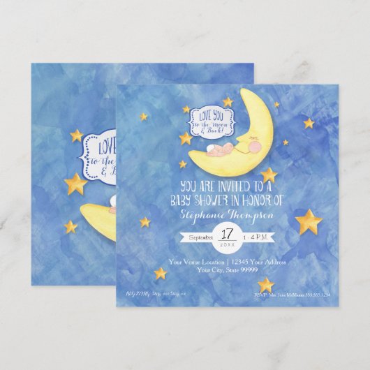 Waterverf Love You to the Moon n back Baby shower Kaart (Voorkant / Achterkant)