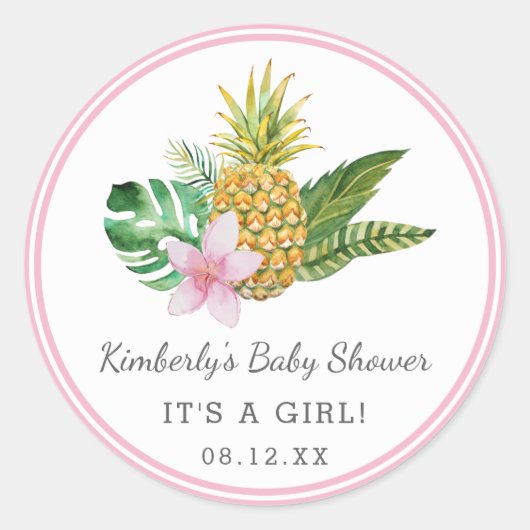 Waterverf Luau Baby shower | roze | Ronde Sticker (Voorkant)