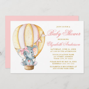Waterverf Luchtballon Baby shower Elephant Bow Kaart