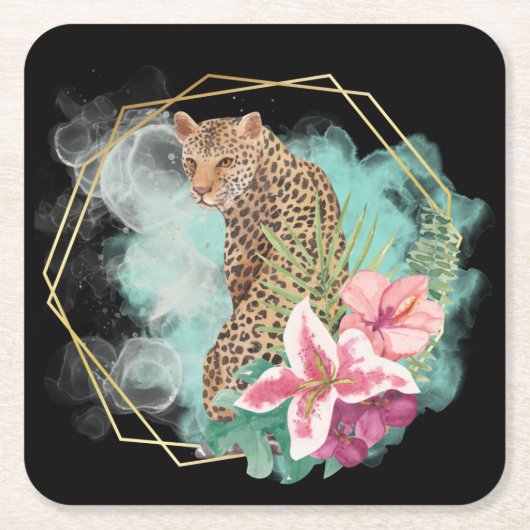 Waterverf luipaard en tropisch Lijst Kartonnen Onderzetters (Voorkant)