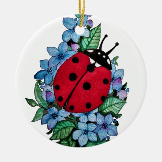 Waterverf luivogel met blauwe wilde bloemen keramisch ornament (Voorkant)