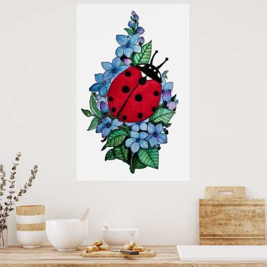 Waterverf luivogel met blauwe wilde bloemen poster (Keuken)