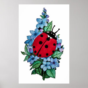 Waterverf luivogel met blauwe wilde bloemen poster