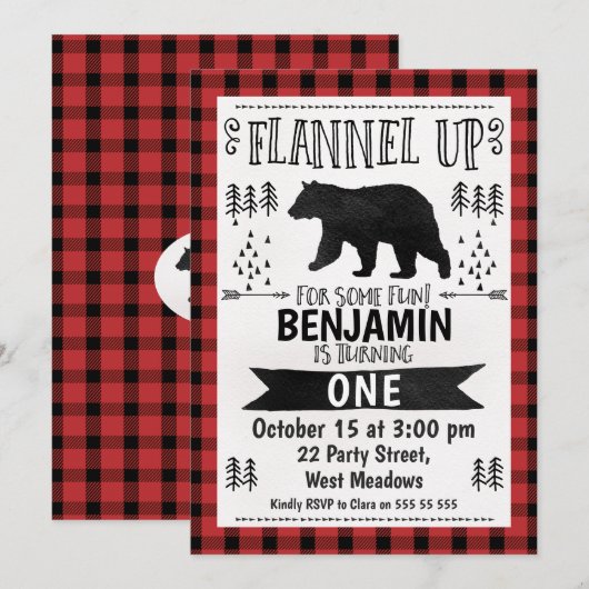 Waterverf Lumberjack 1e Verjaardag Uitnodiging (Voorkant / Achterkant)