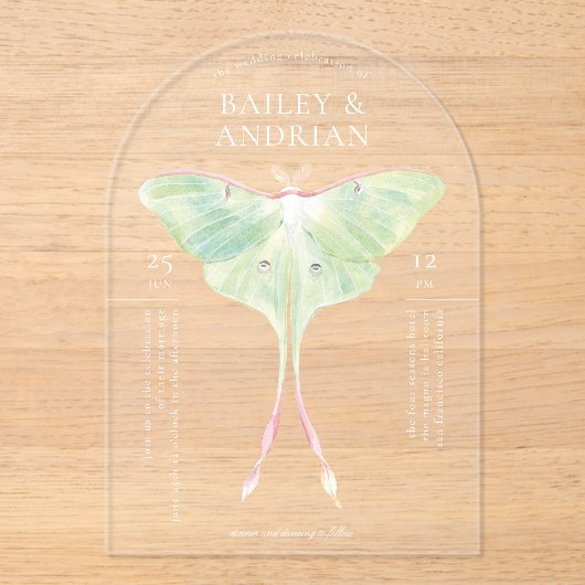 Waterverf Luna Moth Wedding Acryl Uitnodigingen (Voorkant)