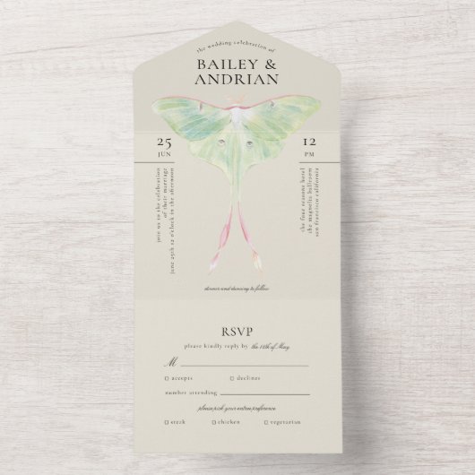 Waterverf Luna Moth Wedding All In One Uitnodiging (Binnen)