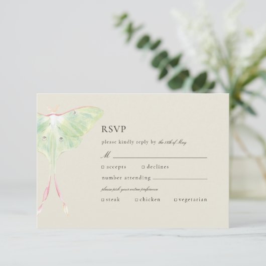 Waterverf Luna Moth Wedding RSVP Kaartje (Staand voorkant)