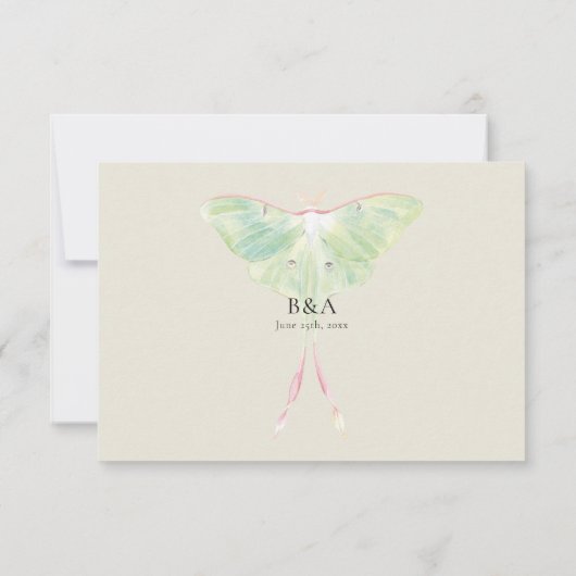 Waterverf Luna Moth Wedding RSVP Kaartje (Achterkant)