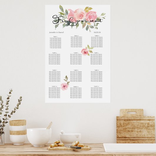 Waterverf Lush Blush Pink Floral Seating Chart Poster (Keuken)