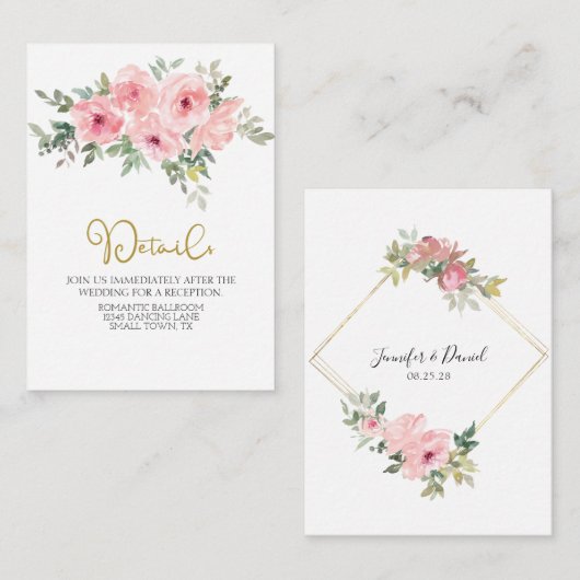Waterverf Lush Blush Pink Floral Wedding Informatiekaartje (Voorkant / Achterkant)