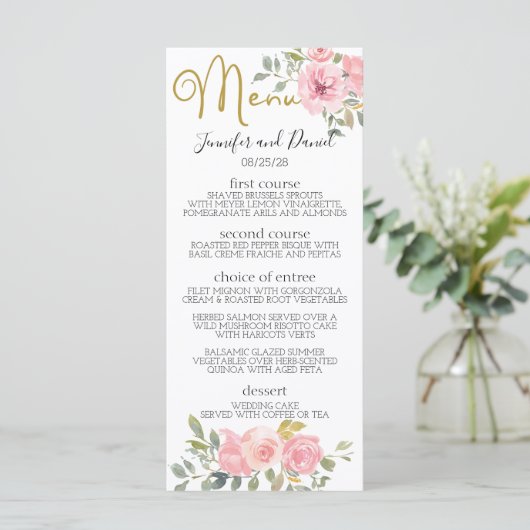 Waterverf Lush Blush Pink Floral Wedding Menu (Staand voorkant)