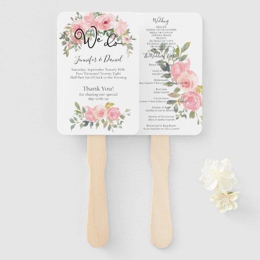 Waterverf Lush Blush Pink Floral Wedding Programme Handwaaier (Voorkant en achterkant)