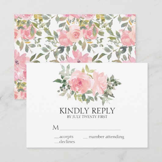 Waterverf Lush Blush Pink Floral Wedding RSVP Kaartje (Voorkant / Achterkant)