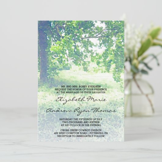 Waterverf Lush Meadow and Tree Wedding Invitation Kaart (Staand voorkant)