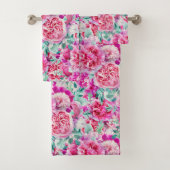 Waterverf Lush Pink Peonies & Green Blauwgroen Lea Bad Handdoek (Insitu)