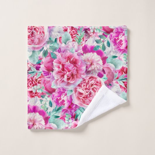 Waterverf Lush Pink Peonies & Green Blauwgroen Lea Bad Handdoek (Wasdoekje)