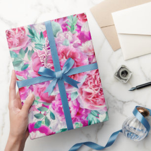 Waterverf Lush Pink Peonies & Green Blauwgroen Lea Cadeaupapier