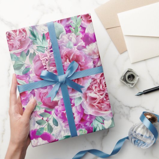 Waterverf Lush Pink Peonies & Green Blauwgroen Lea Cadeaupapier (Geschenken)